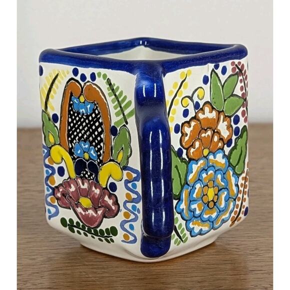 Talavera Mexican Pottery Hand Painted Blue Floral Square Coffee Mug Cup 4" Tall - Picture 3 of 9